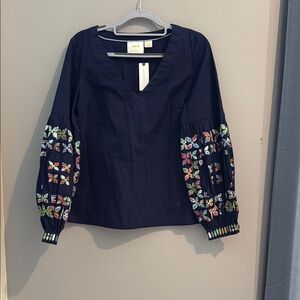 Maeve Blue Blouse with Puff Sleeves and Boxy Style